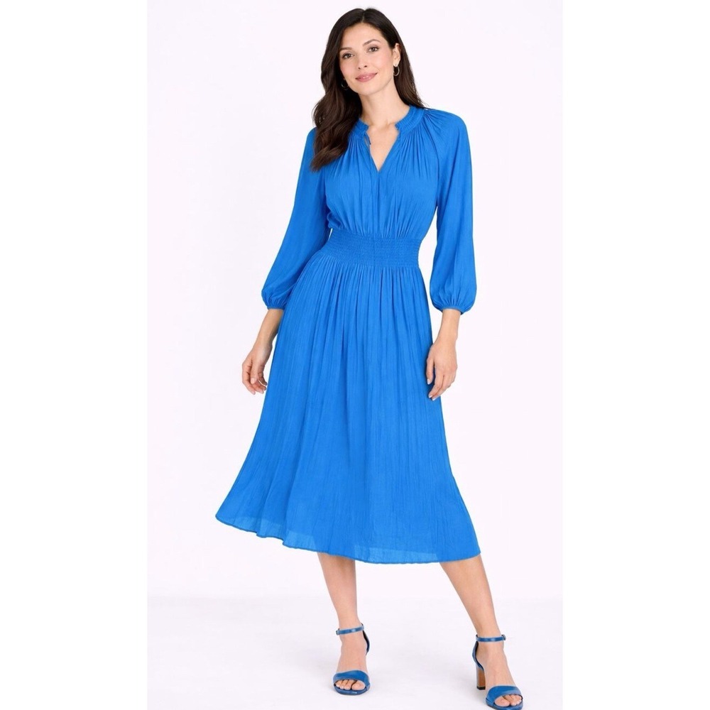 WHBM Smocked Waist Tie Neck Midi Dress Isla Blue SZ XS Pleated Pockets NEW